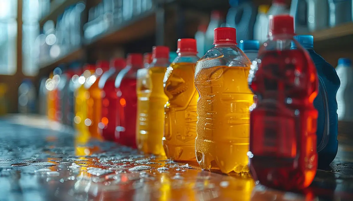 Closeup of a variety of household cleaning products incompatible with a microstation.